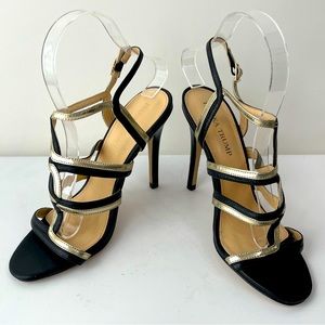 Ivanka Trump Ithazen Gold/Black Leather Round Toe Strappy High Heel Sandals; 7M